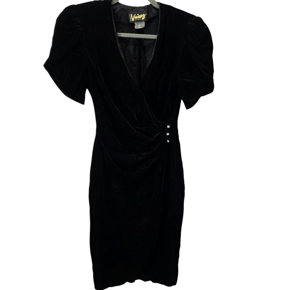 Vintage Night Visions California Black Velvet Dress 3/4 Rhinestone Ruched 90s
